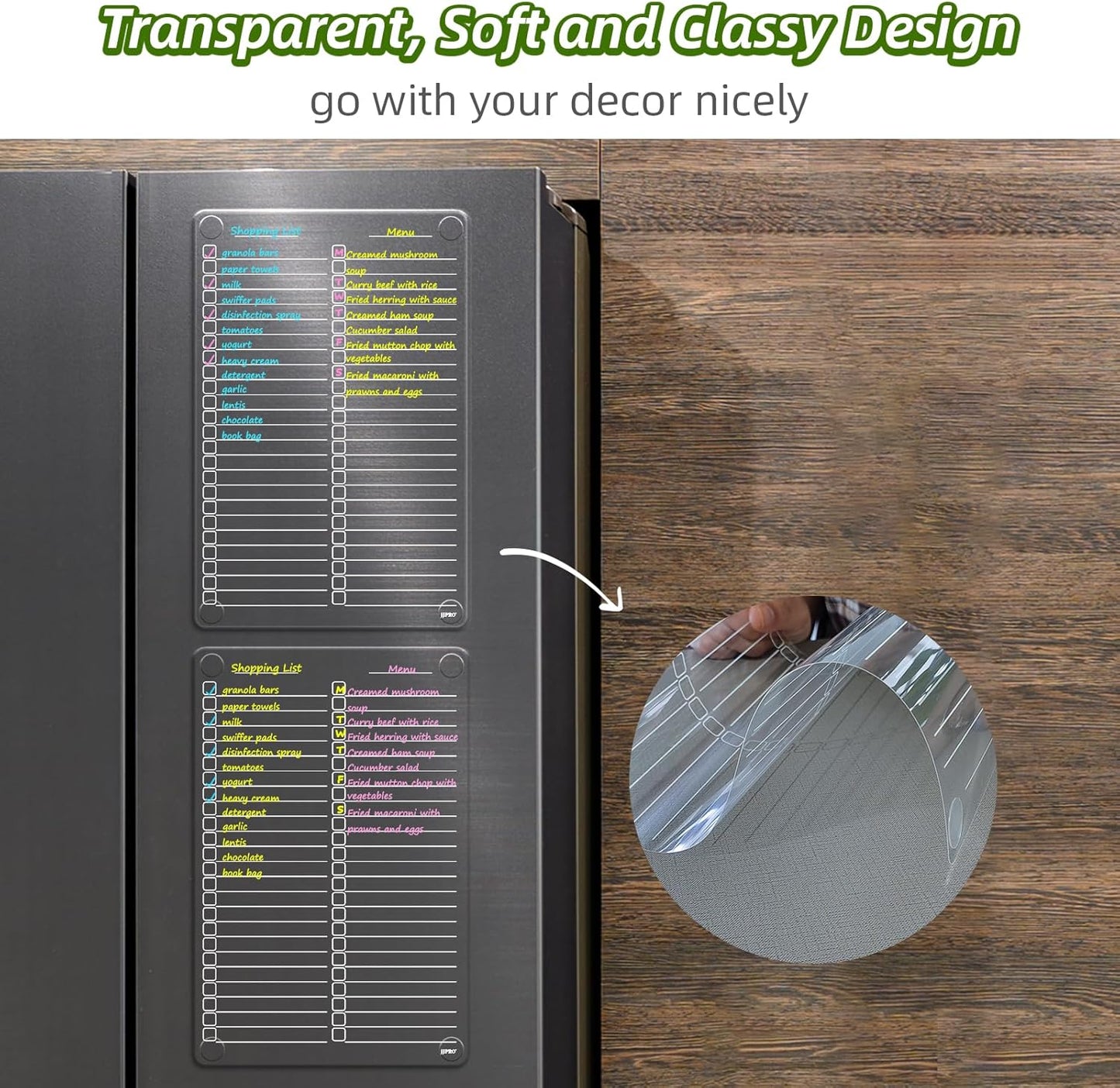 JJPRO Non Magnetic Dry Erase Calendar for Fridge-Reusable Monthly&Weekly Planning Board, List and Blank Board for All Smooth Surfaces. Clear Reusable Board Sticks to Fridge,Wall,Door&Glass