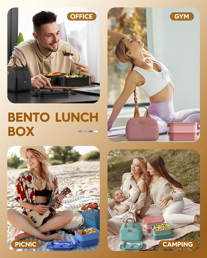 KEMETHY Adults Bento Lunch Box Set with Thermo Bag, 74oz Stackable Leak-proof 3-tiers Bento Box, Built-in Utensil and Sauce Container for Work, School, Dining Out (Gray)