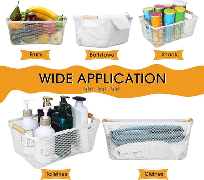 Ziliny 4 Pcs Metal Mesh Wire Baskets with Wooden Handles for Organizing, Pantry Organizers and Storage Steel Bin Kitchen Baskets for Fruit Potato Onion Snacks Bathroom Cabinet(Medium,Cream White)