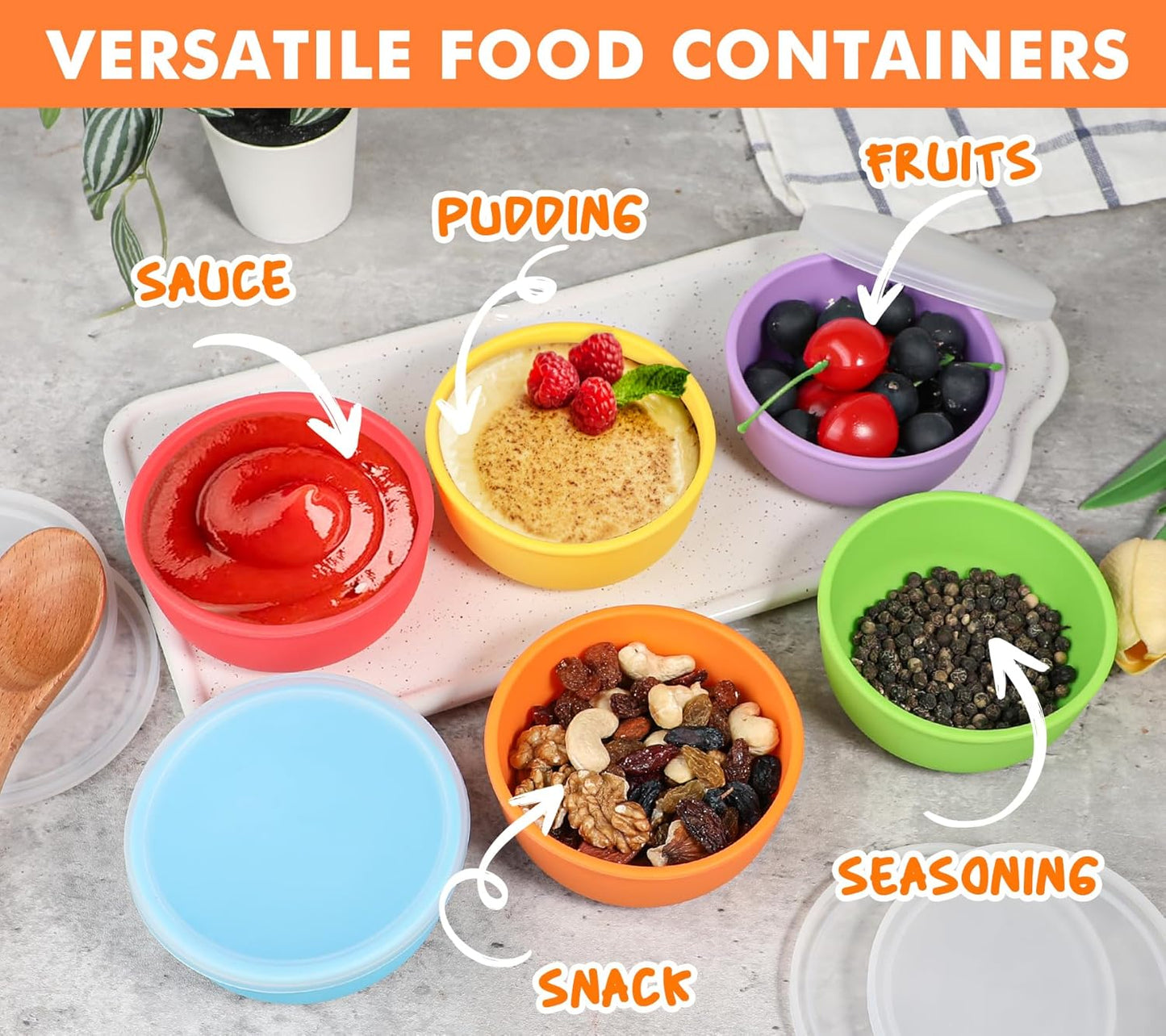 KOLUTI Nonstick Silicone Pinch Bowls Set of 6, 4oz Small Condiment Dipping Sauce Prep Bowl with Lid, Colorful Snack Serving Food Storage Mixing Containers for Side Dish, Microwave & Freezer Safe