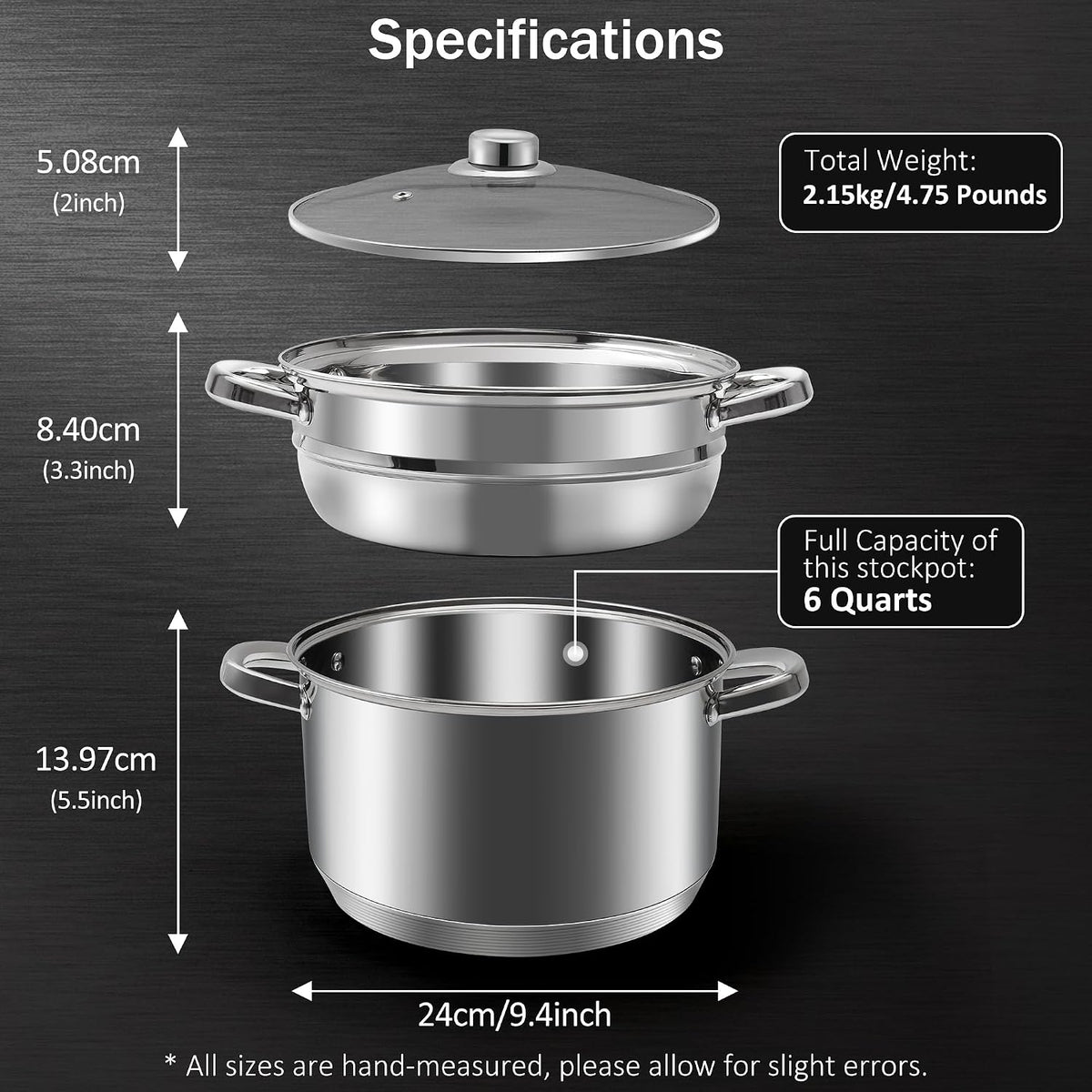 6 QT Stainless Steel Cookware Set, 3-Piece Multipurpose Stock Pot with Steamer Pot and Tempered Glass Lid, Stainless Steel Handle, Work with Gas Electric Induction Stove