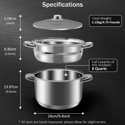 6 QT Stainless Steel Cookware Set, 3-Piece Multipurpose Stock Pot with Steamer Pot and Tempered Glass Lid, Stainless Steel Handle, Work with Gas Electric Induction Stove
