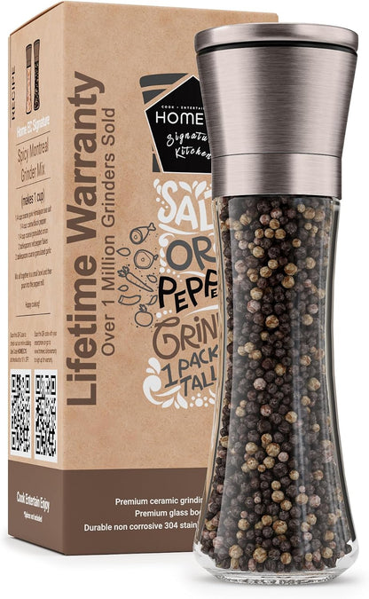 Home EC Premium Stainless Steel Sea Salt and Pepper Grinder Set of 2 - Adjustable Ceramic - Tall Glass Salt and Pepper Shakers - Kitchen Spice Mill W/Funnel & EBook