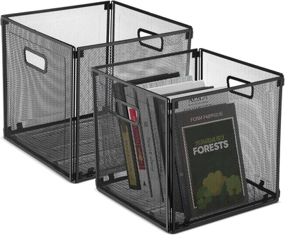Funnymoom 2 Pcs Foldable Metal Wire Basket 13 x 13 Inch Black Cube Storage Bins Stackable Wire Laundry Baskets Organizer with Handle for Shelves Pantry Cabinet File Graduation Gift