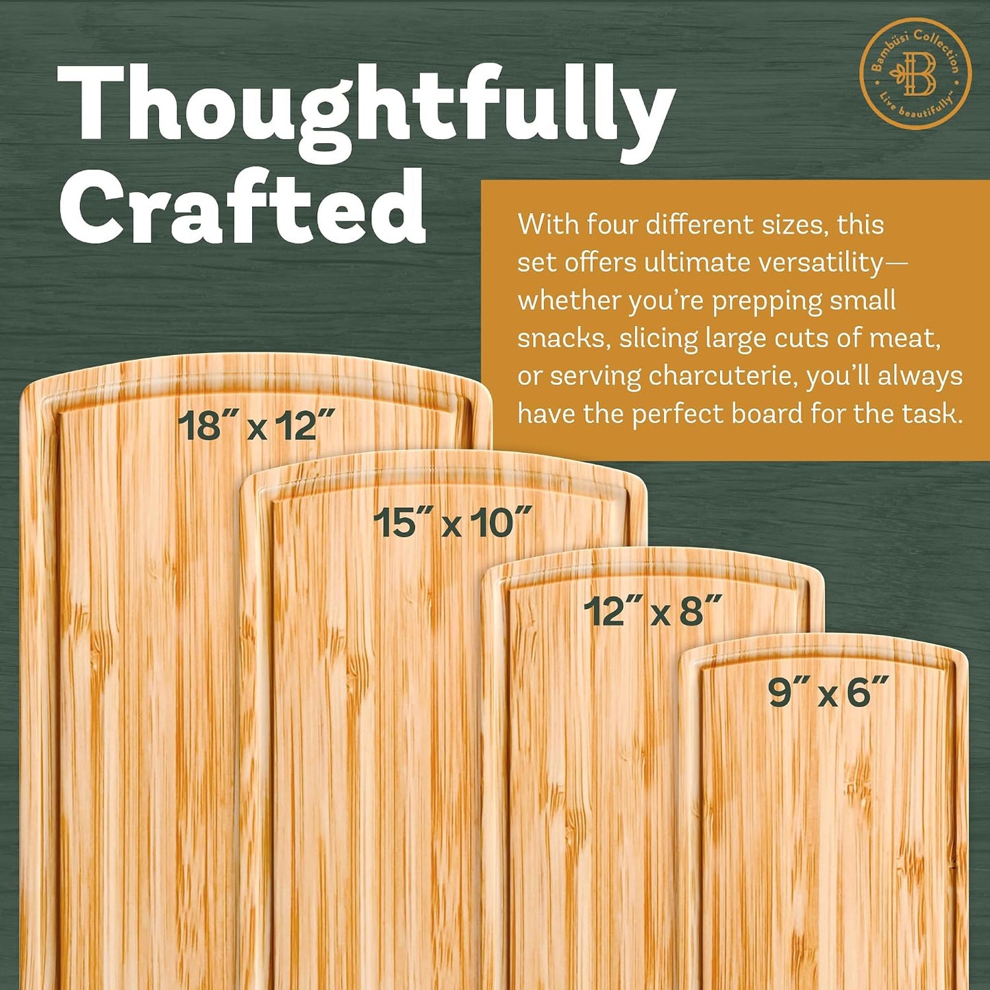 Bamboo Cutting Board Set of 4, Large Cutting Boards for Kitchen, Wood Cutting Board with Juice Groove Side Handles, Wooden Cutting Board for Kitchen, Meat Chopping Board Meal Prep, Serving Charcuterie
