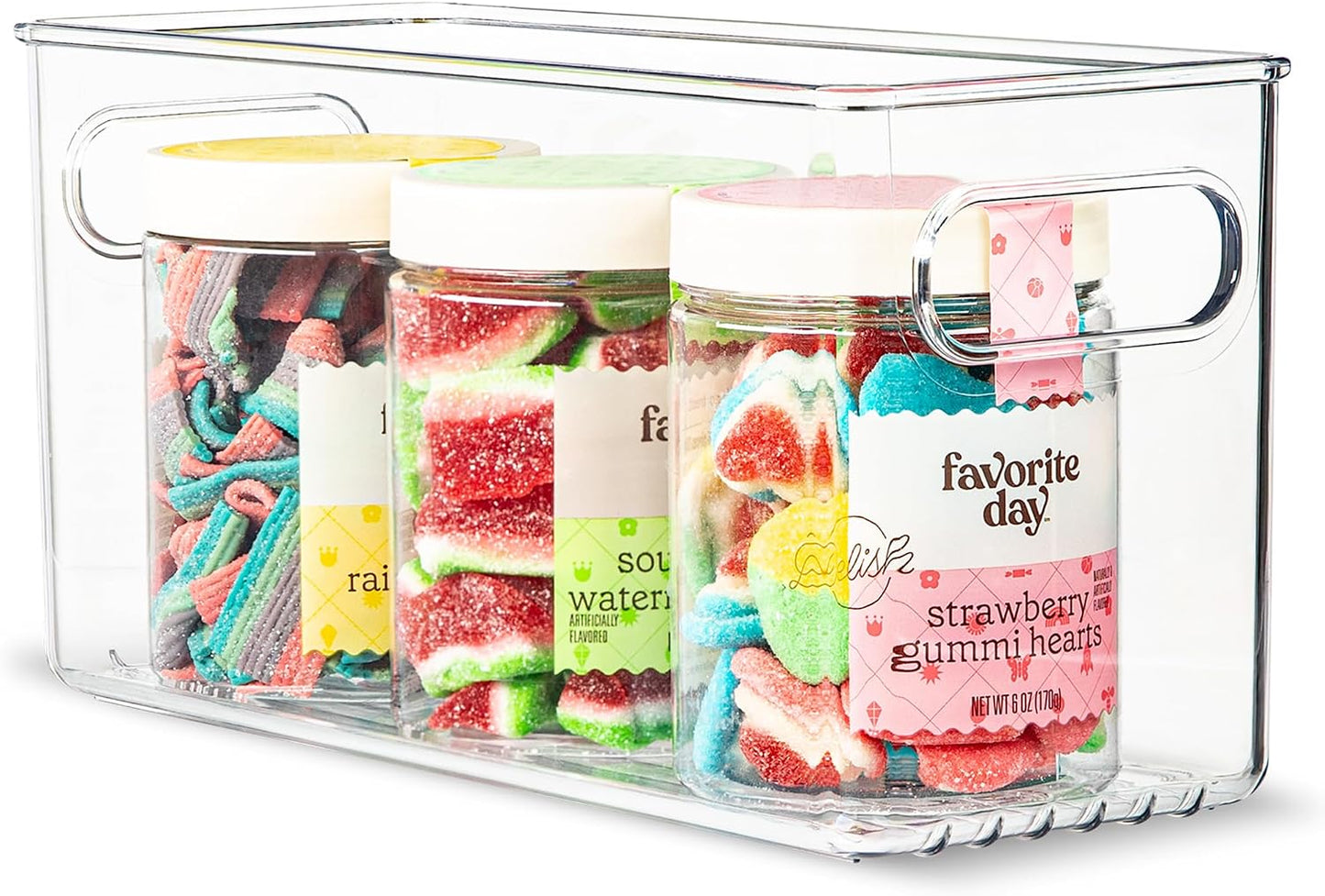 Plastic Food Storage 4 Pack Clear Container Bin with Handles for Organizing Kitchen, Pantry, Refrigerator, Freezer, Pantry, Cabinet, Closet, Bathroom. Stackable 10”x6”x3”