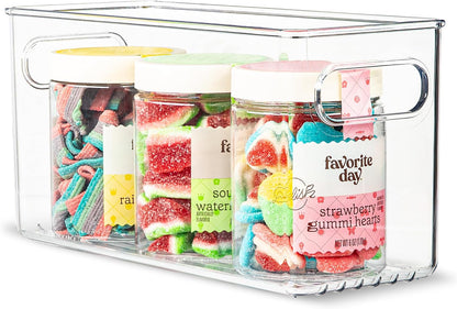 Plastic Food Storage 4 Pack Clear Container Bin with Handles for Organizing Kitchen, Pantry, Refrigerator, Freezer, Pantry, Cabinet, Closet, Bathroom. Stackable 10”x6”x3”