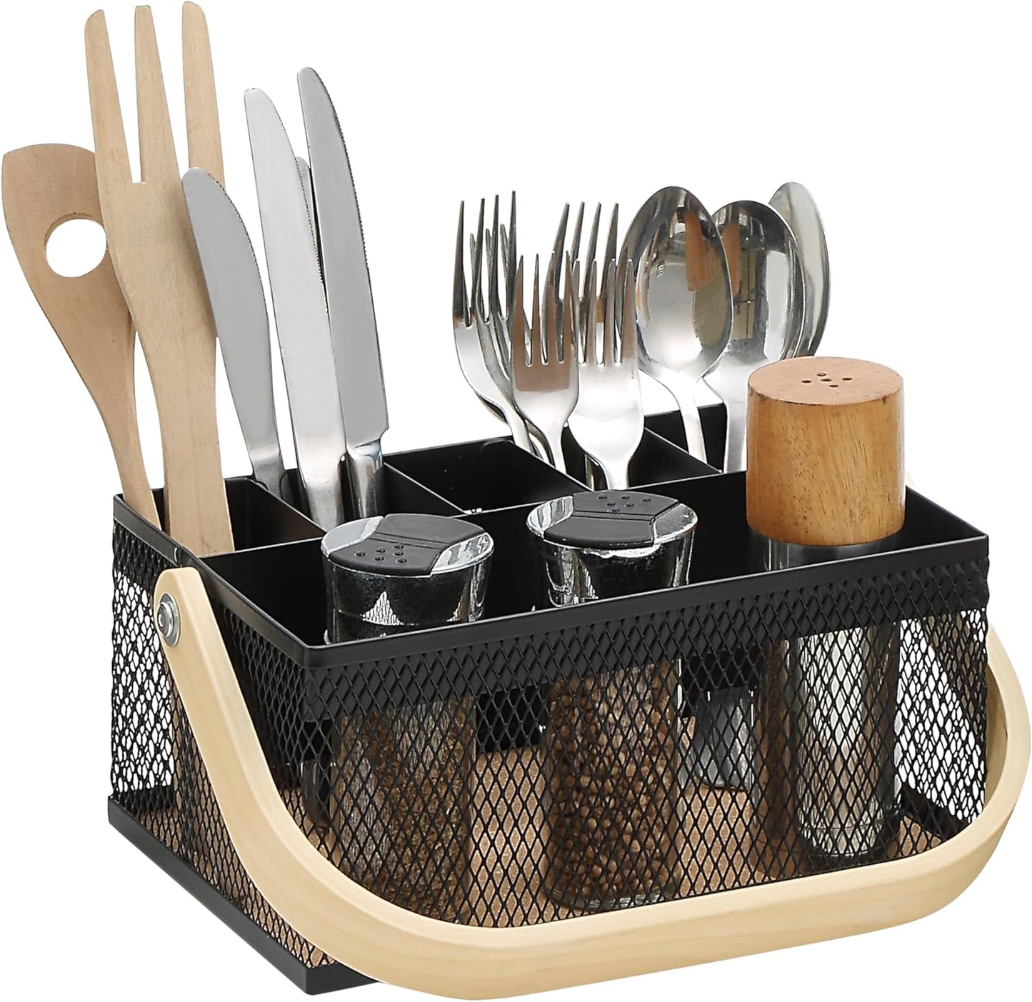 SunnyPoint Utensil Caddy with Plywood Handle – Metal Mesh Silverware & Cutlery Organizer for Kitchen, Picnic, Party, Restaurant & Events (BLUE)