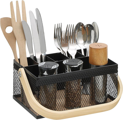 SunnyPoint Utensil Caddy with Plywood Handle – Metal Mesh Silverware & Cutlery Organizer for Kitchen, Picnic, Party, Restaurant & Events (BLUE)