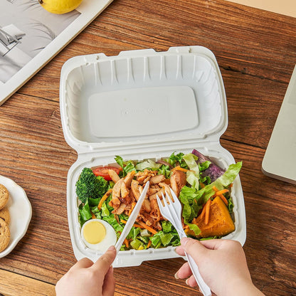 FULING [8x8-Inch, 50 Pieces, 3-Compartment Disposable To Go Box Containers, Plastic Clamshell Takeout Food Trays, Microwave Safe, Cut Resistantstable Hinged Lid, Hybrid Polypropylene, White