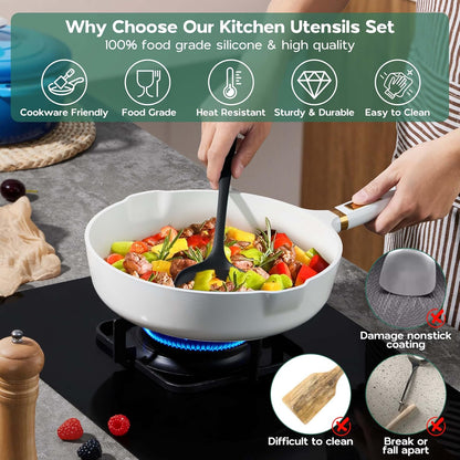 Onader Silicone Cooking Utensils Set of 10, Kitchen Utensils for Nonstick Cookware, Heat Resistant & Nontoxic Spatula Set- Khaki