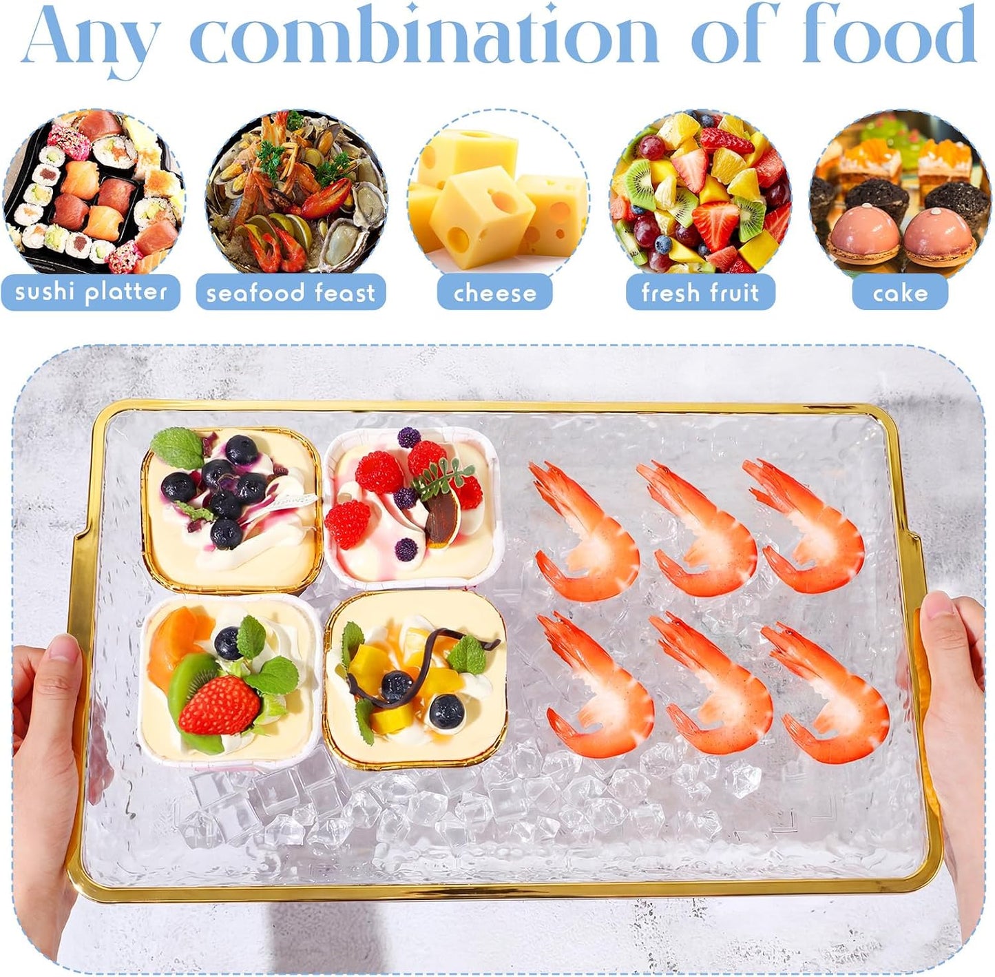 Baderke 4 Set 16" x 9" Plastic Chilled Serving Tray for Parties with Compartments Ice Chilled Party Platter Charcuterie Serving Board Cold Dish Dip for Fruit Seafood Vegetable Appetizer (Clear)