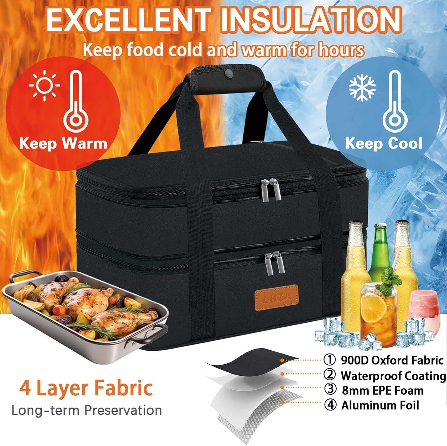 LHZK Insulated Casserole Carriers for Hot or Cold Food, Lasagna Holder Tote for Potluck Parties, Beach, Picnic, Travel, Fits 11x15 or 9x13 Dish (Black)