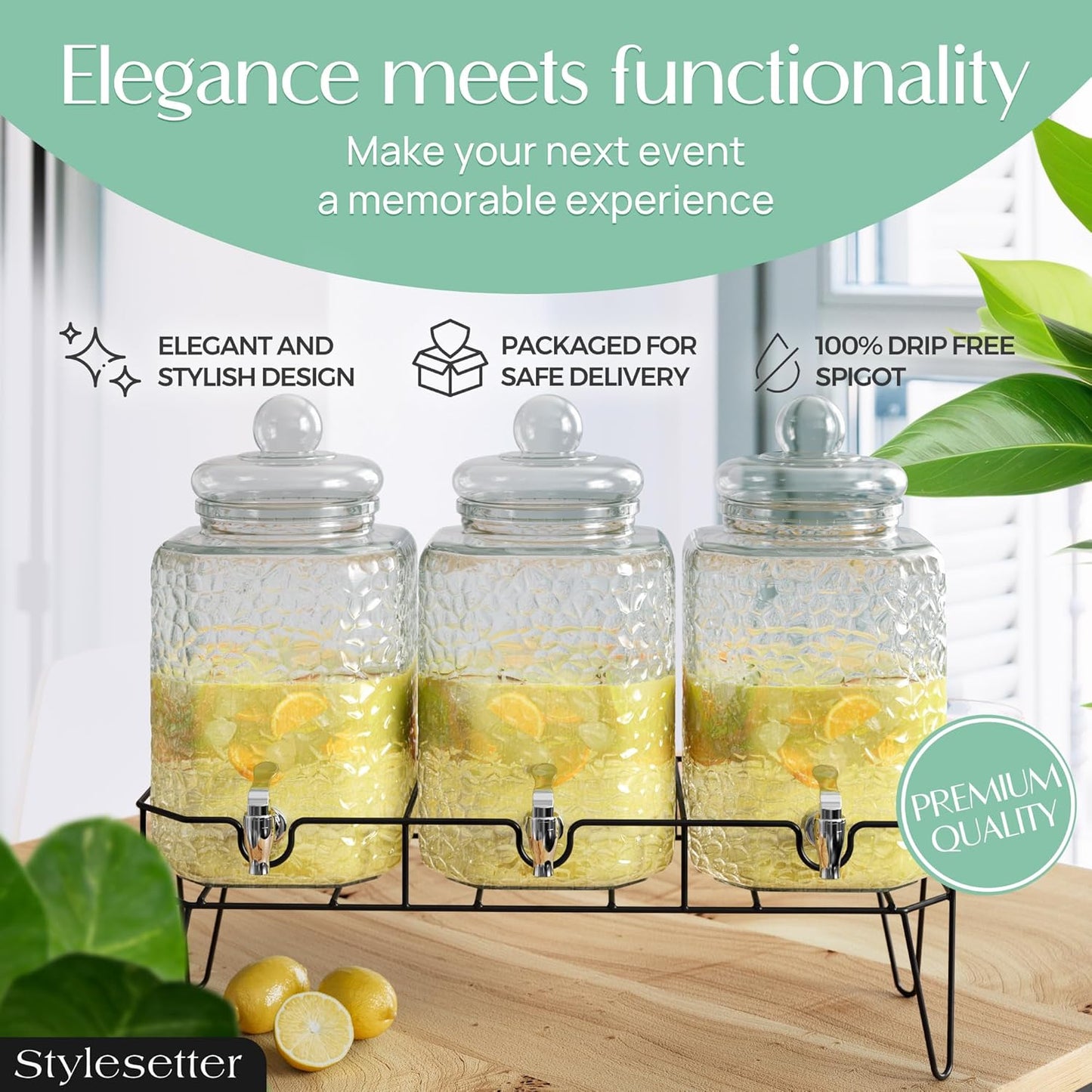 Style Setter Premium Glass Drink Beverage Dispensers - 1.5 Gal, Set of 3 | Dispenser Set with Metal Stand for Parties Cold Drinks, Lemonade, Cocktails, Juice – Party Glass Drink Dispenser Station