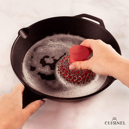 Cuisinel Cast Iron Scrubber Cleaning Brush + Pan/Grill Scraper - Skillet and Grill Cleaner Kit - Soft-Touch Confident-Grip Dish Scrub Tool - Tough on Grease, Gentle on Metal and Non-Stick Cookware