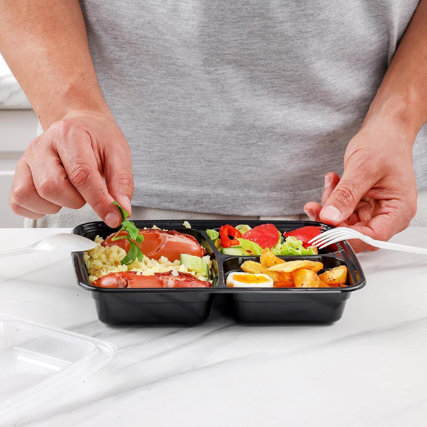 GUSTO [24 oz - 50 Count 3-Compartment Meal Prep Containers with Lids – Reusable, Microwaveable, Dishwasher & Freezer Safe, BPA-Free Food Storage Boxes for Portion Control (Formerly Comfy Package)