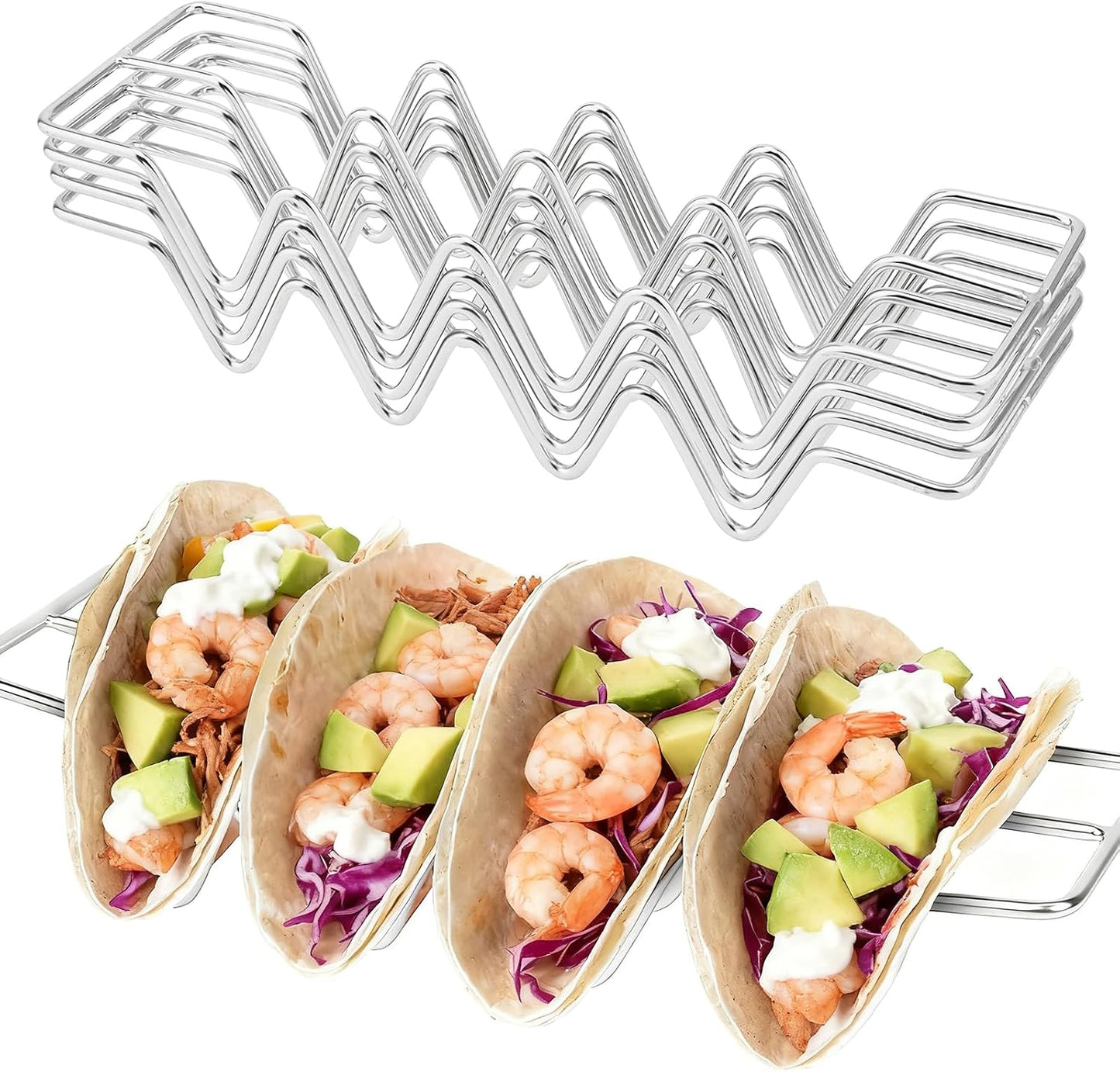 Taco Holders set of 4, Stainless Steel Taco Shell Holder Stand Rack, Holds 4 Tortillas Each, Taco Tray Plates for Taco Bar, Oven Safe for Baking, Dishwasher and Grill Safe, Taco Holders Rack
