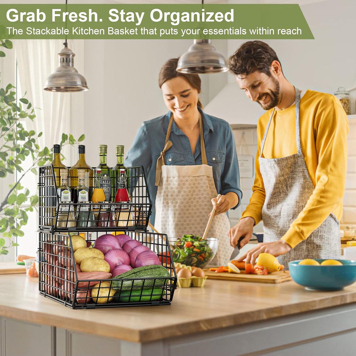 3-Tier Stackable Wire Baskets for Counter, Fruit and Vegetable Storage, Potato and Onion Storage Bin，Kitchen Pantry Organizer - Wall Basket for Produce/Snack/Can, Black