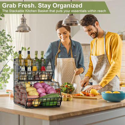 3-Tier Stackable Wire Baskets for Counter, Fruit and Vegetable Storage, Potato and Onion Storage Bin，Kitchen Pantry Organizer - Wall Basket for Produce/Snack/Can, Black