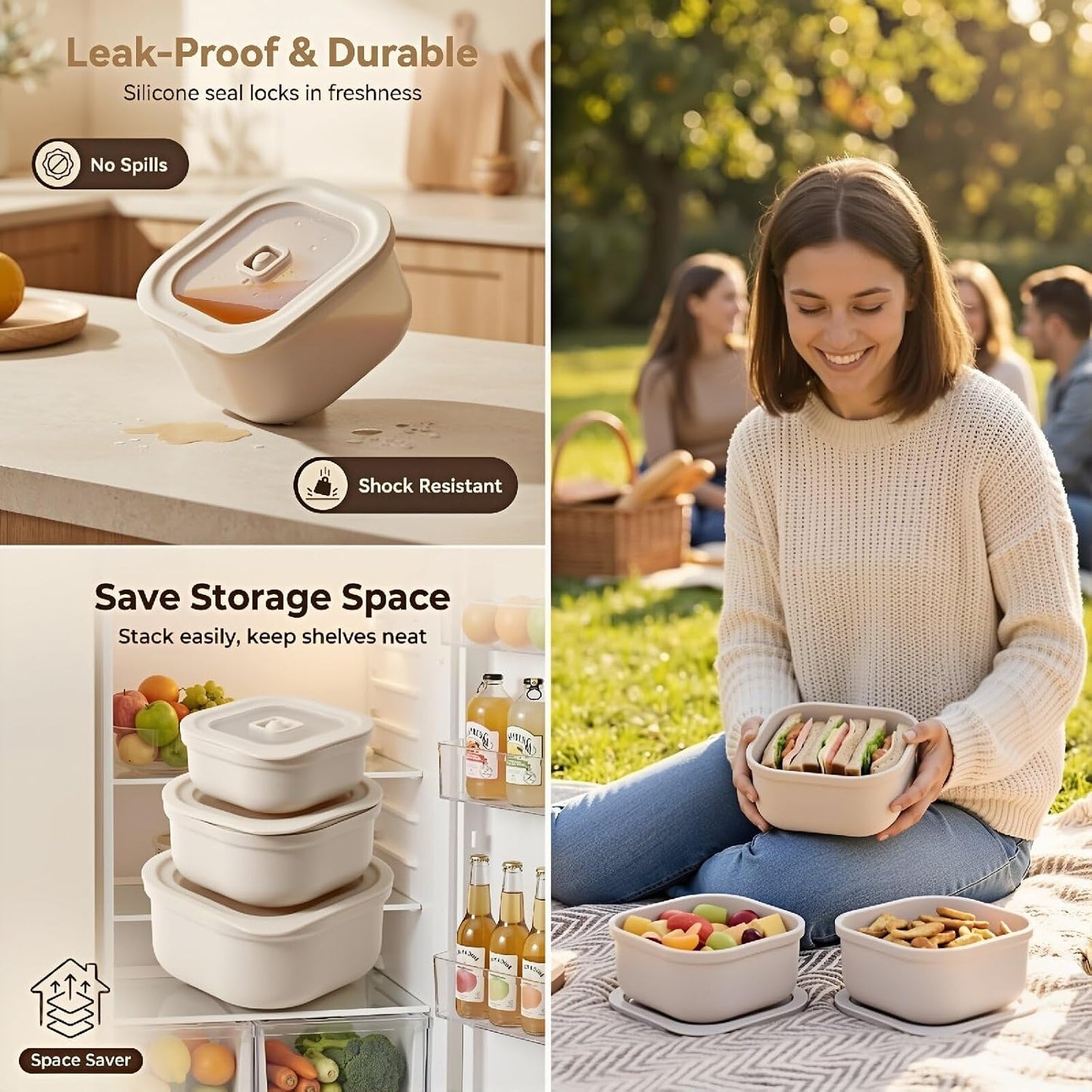 3-Piece Nesting Vented Plastic Food Containers with Lids Airtight Leakproof Meal Prep Containers Set BPA-Free Reusable Silicone Food Containers Lunch Boxes (White)