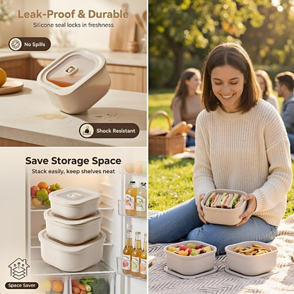 3-Piece Nesting Vented Plastic Food Containers with Lids Airtight Leakproof Meal Prep Containers Set BPA-Free Reusable Silicone Food Containers Lunch Boxes (White)