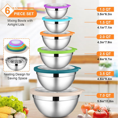 LIANYU Stainless Steel Mixing Bowls Sets of 6, Large 7, 3.5, 2.5, 2, 1.5, 1QT Size with Transparent Airtight Lids, Metal Nesting Serving Bowl Sets for Home Kitchen, Dishwasher & Freezer Safe, Black