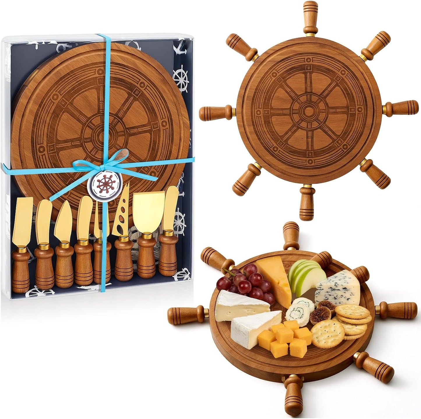 Ziliny Sea Turtle Shaped Cheese Board Set Small Charcuterie Cutting Board Wooden Platter with Knives Forks Funny Serving Trays Turtle Gift for women Christmas Party Kitchen Decoration