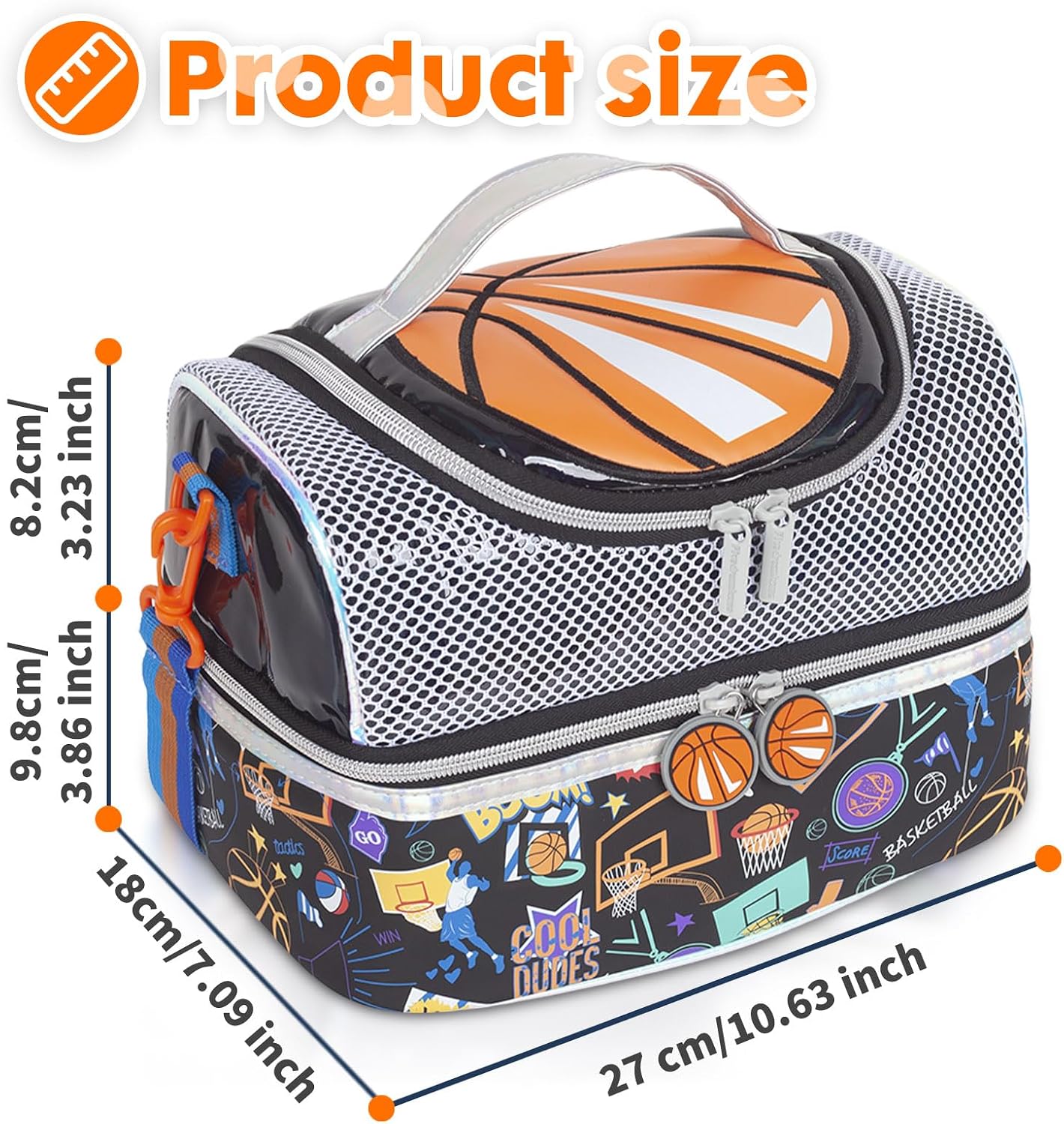 Kids Double Decker Cooler Insulated Lunch Bag, Back to School Large Meal Tote for Boys, Girls, Men, Women, with Adjustable Strap, Soccer