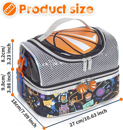 Kids Double Decker Cooler Insulated Lunch Bag, Back to School Large Meal Tote for Boys, Girls, Men, Women, with Adjustable Strap, Soccer