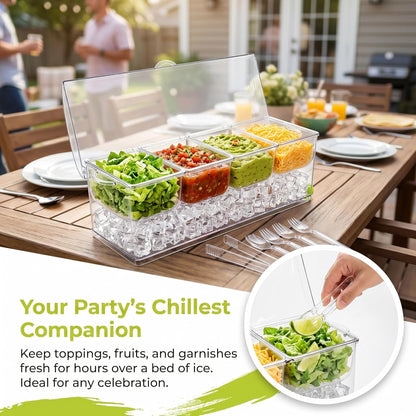Jucoan Large Ice Chilled Condiment Server with Lid, 4 Compartments Chilled Condiment Caddy, Bar Garnish Serving Platter Holder Tray for Mimosa Taco Salad Soda Lemonade Bar Supplies, 2 Tongs, 6 Forks