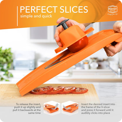 Mandoline Food Slicer Börner V1 (Starter Set) by Reston Lloyd • V-Slicer with 3 Blade Inserts & Food Holder • Made in Germany • Fruit & Vegetable Chopper • Multiple Settings • Color: Red