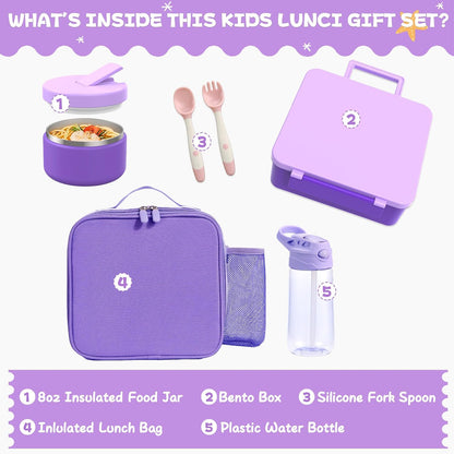 Kids Bento Lunch Box with 8oz Soup Thermo, Water Bottle, Kids Leakproof Lunch Food Containers with 4 Compartment, Insulated Hot Food Jar with Lunch Bag for School, Trvael (Black)