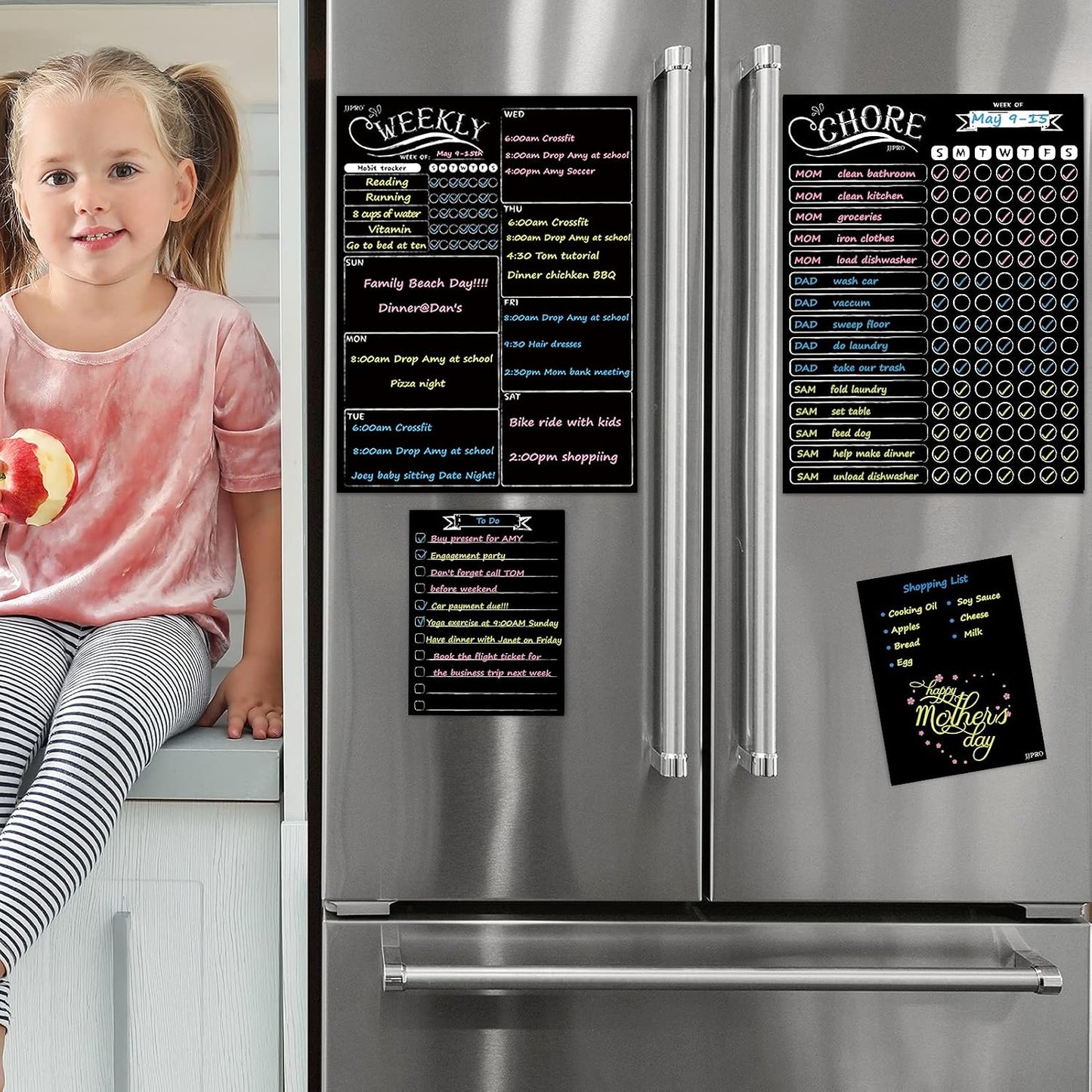 JJPRO Magnetic Dry Erase Menu and Chore Chart Blackboard for Fridge-Weekly Meal Planner Chalkboard,Behavior Chart Chalkboard for Multiple Kids with Notepad Blackboard