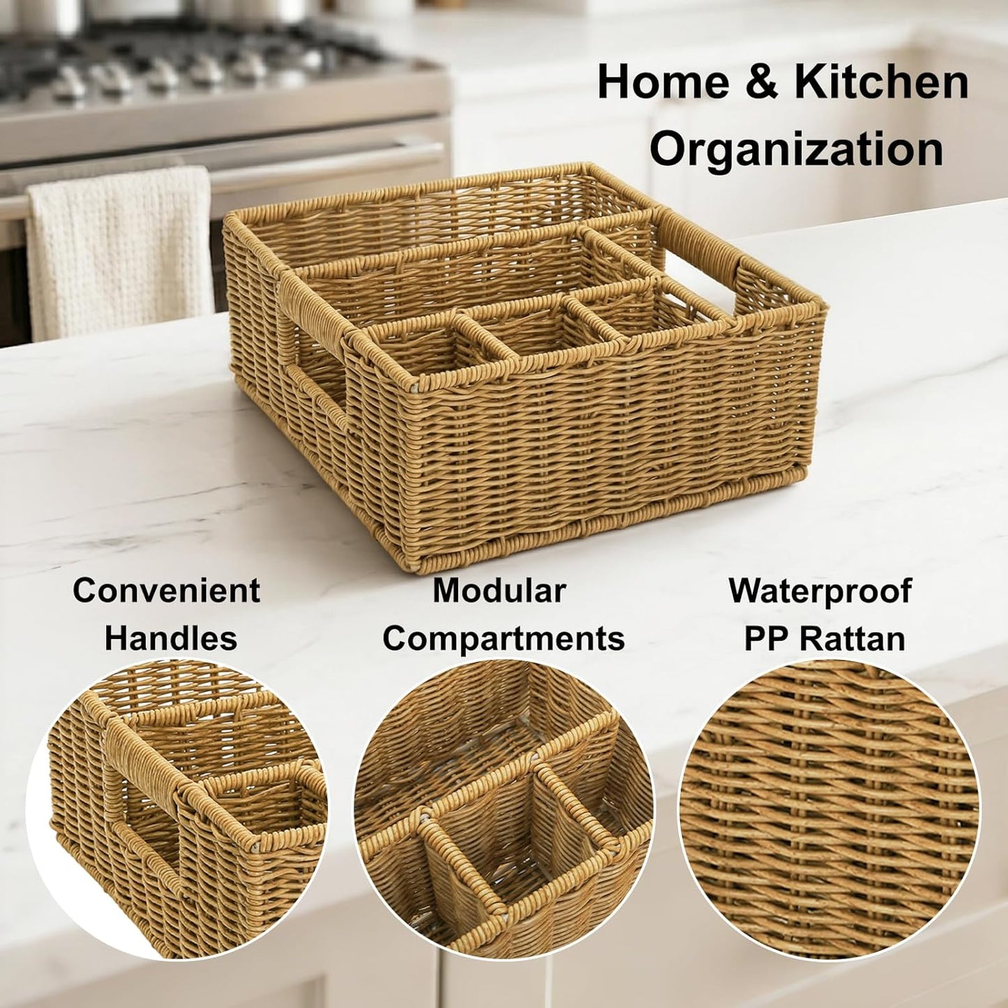 Wicker Utensil Caddy Basket with 6 Compartment, Hand-Woven | Cutlery Silverware Holder with Handle, Picnic Basket, Paper Plate Organizer for Party Camping Buffet