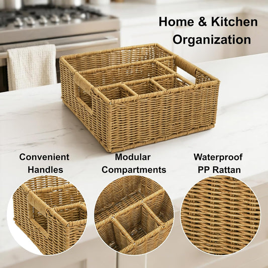Wicker Utensil Caddy Basket with 6 Compartment, Hand-Woven | Cutlery Silverware Holder with Handle, Picnic Basket, Paper Plate Organizer for Party Camping Buffet