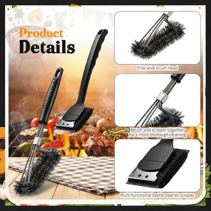 5 Pcs BBQ Grill Brush for Outdoor 304 Stainless Steel Grill Cleaning Tools Set with Scraper, Pointed Tail, Triangular, Scouring Pad Brush for Gas Porcelain Charbroil Grates for Men Dad