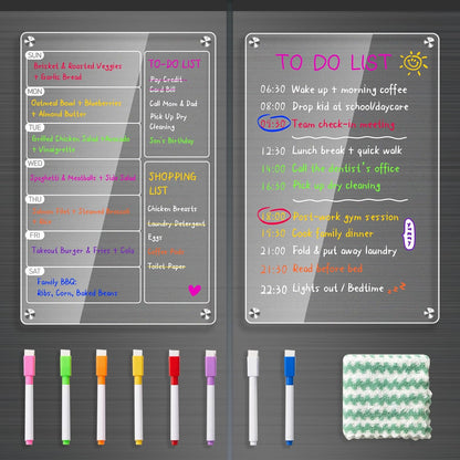 2 Pack Magnetic Meal Planner for Fridge, Acrylic Weekly Planner & Menu Board Set, Clear Fridge Whiteboard Calendar with 8 Markers & 1 Towel, Meal & Grocery Organization for Kitchen