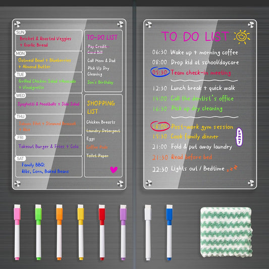 2 Pack Magnetic Meal Planner for Fridge, Acrylic Weekly Planner & Menu Board Set, Clear Fridge Whiteboard Calendar with 8 Markers & 1 Towel, Meal & Grocery Organization for Kitchen