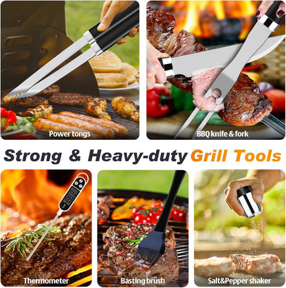 ROMANTICIST 26pcs Grilling Gifts for Men, Dad Gifts for Father's Day, Stainless Steel BBQ Grill Accessories Tools Set, Heavy Duty BBQ Utensils Kit with Apron, Thermometer, Mats in Aluminum Case Brown