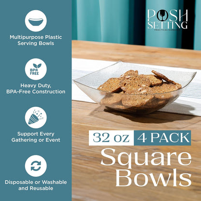 Posh Setting - White Plastic Square Serving Bowls for Party (16oz - 4 Pack), Disposable & Candy Containers for Party Table & Buffet