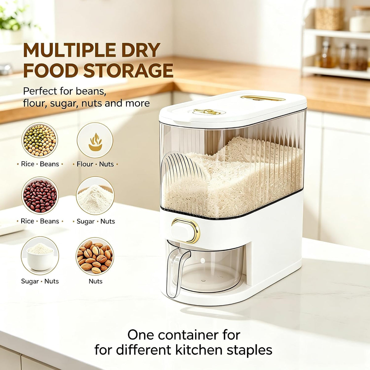 Gagee 11 Lbs Rice Dispenser, Clear | Grain Container Storage, With Lid, Measuring Cylinder, Moisture Proof, Household Cereal Dispenser Bucket