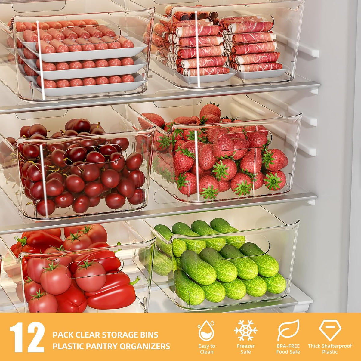 12 Pack Clear Plastic Storage Bins, Pantry Organizers and Storage, Multi-Use Clear Pantry Organizer Bins Storage Containers with Handles for Kitchen, Bathroom, Freezer, Cabinet, Office