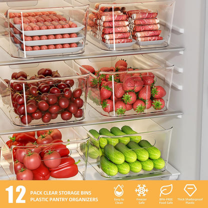 12 Pack Clear Plastic Storage Bins, Pantry Organizers and Storage, Multi-Use Clear Pantry Organizer Bins Storage Containers with Handles for Kitchen, Bathroom, Freezer, Cabinet, Office