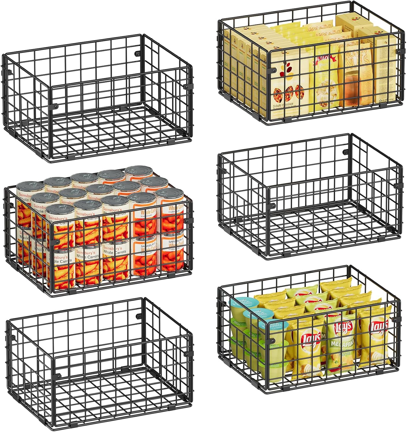 X-cosrack Metal Wire Basket Pantry Baskets Foldable Cabinet Organizers with Handles-6 Pack-12"x9"x6", Food Storage Freezer Organizer Bins for Kitchen Bathroom Laundry Closet Garage - Patent Design