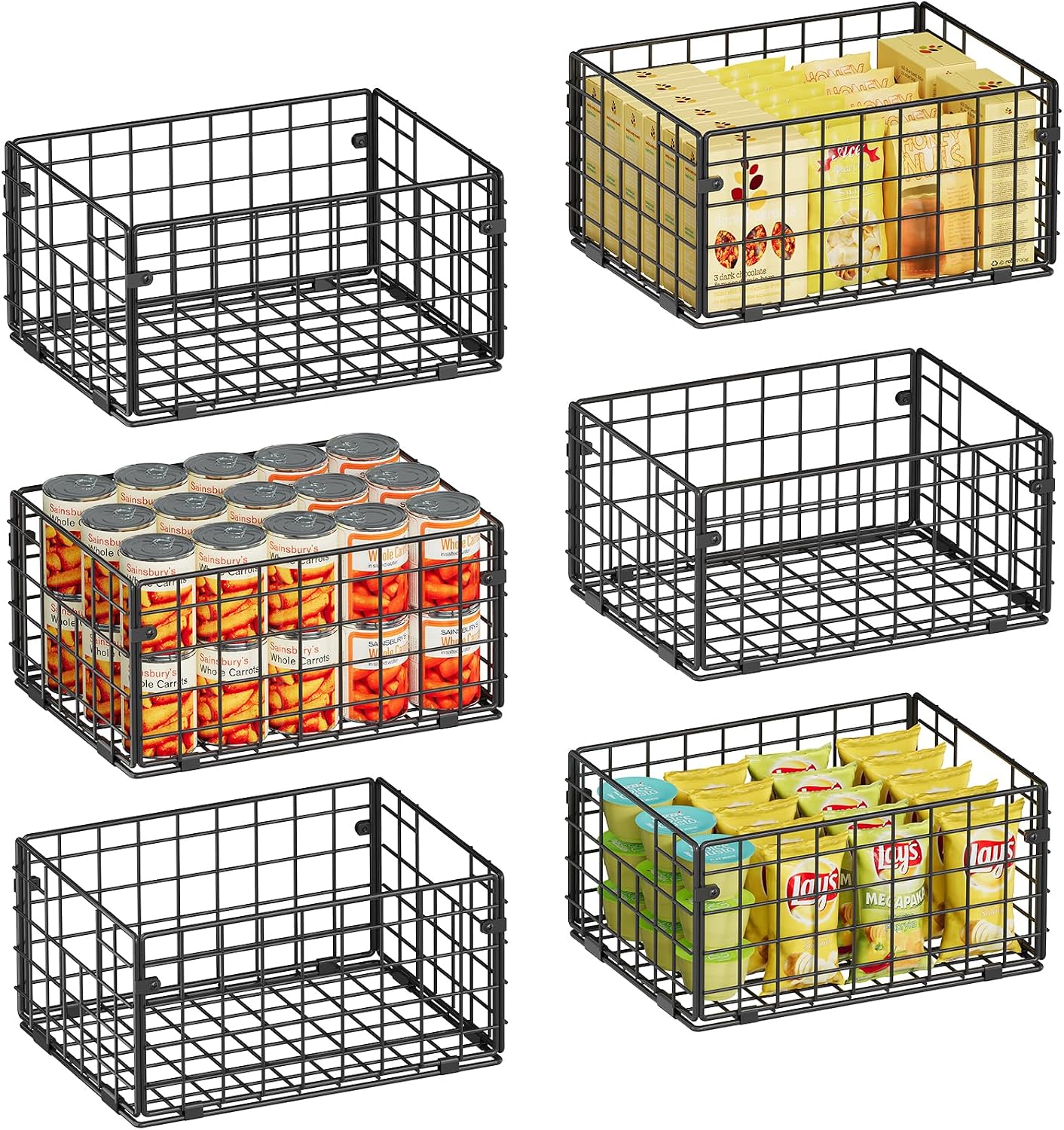 X-cosrack Metal Wire Basket Pantry Baskets Foldable Cabinet Organizers with Handles-6 Pack-12"x9"x6", Food Storage Freezer Organizer Bins for Kitchen Bathroom Laundry Closet Garage - Patent Design