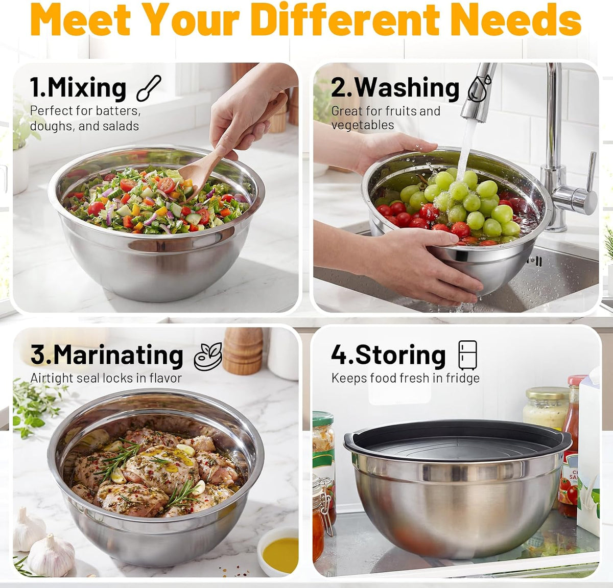 Beasea Stainless Steel Mixing Bowls, 5 Pack 1.5 QT Stackable Nesting Mixing Bowls with Airtight Lids, Metal Bowl with Lid for Baking, Meal Prepping, Salad, Serving, Food Storing