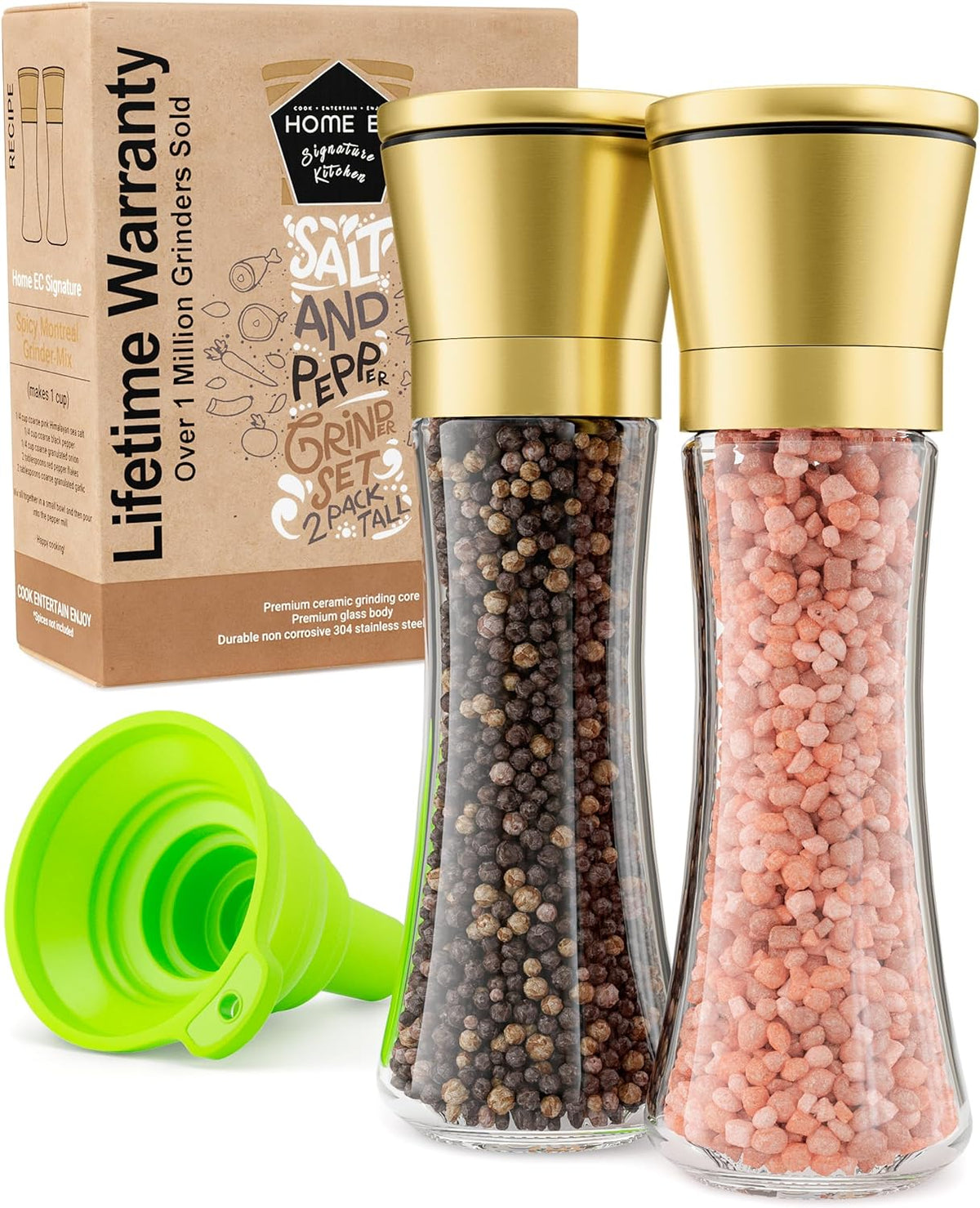 Home EC Premium Stainless Steel Sea Salt and Pepper Grinder Set of 2 - Adjustable Ceramic - Tall Glass Salt and Pepper Shakers - Kitchen Spice Mill W/Funnel & EBook