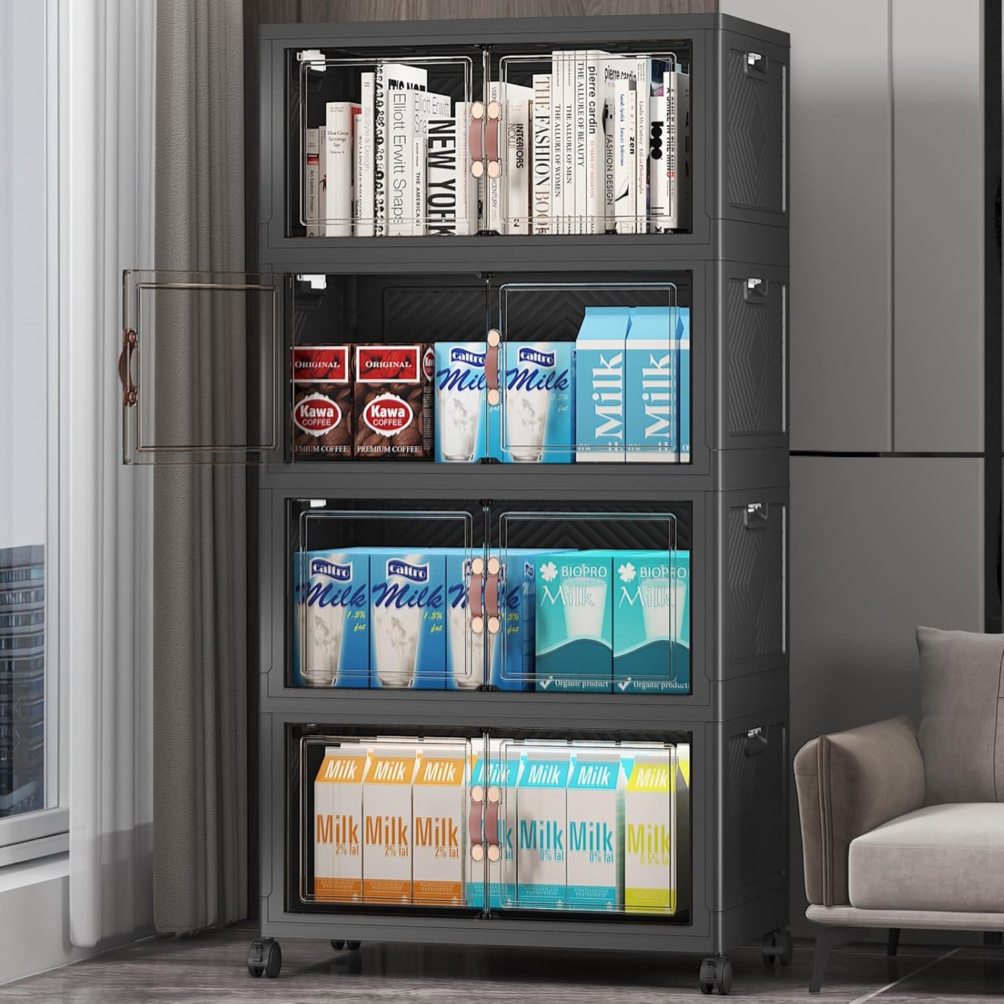 UAMFURI 720QT Stackable Storage Bins with Lids, Extra Large Storage Cabinet with Doors and Wheels, Collapsible Plastic Storage Box for Bedroom Dorm Office Garage