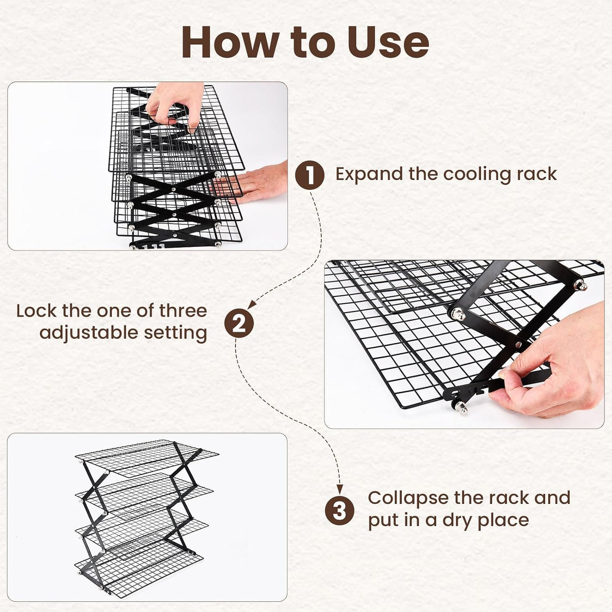 2/3/4-Tier Collapsible Cooling Rack for Baking,Folding Cooling Grid,Adjustable Stackable Roasting Cooking Drying Wire Cooling Rack for Cookies Baking