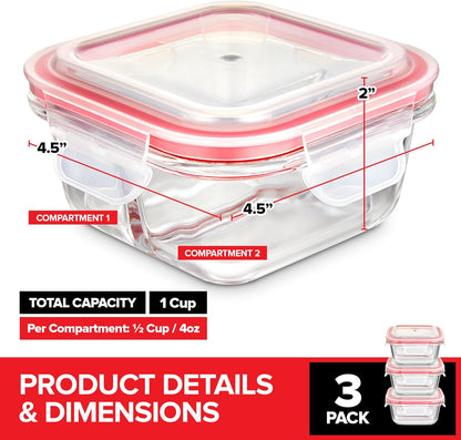 Glass Portion Control Bariatric Containers (3 Pack), 1 Cup Food Containers with Two 4 oz Compartments, 4oz Food Storage Containers for meal prep, Microwave Safe Glass Portion Containers with Lids